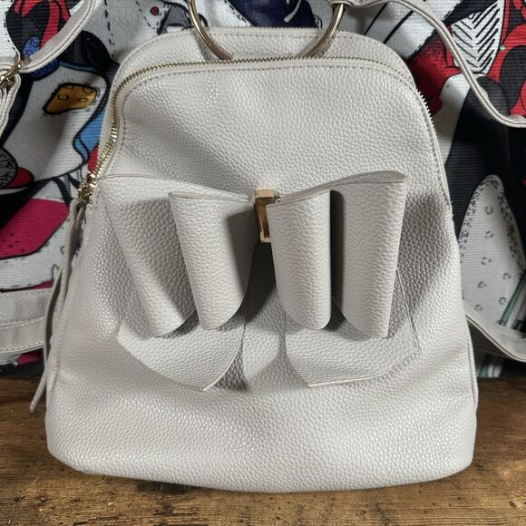 Crossi Bow Backpack White Gray Gold Seafoam Adjustable Straps Zipper Pockets - Picture 2 of 8